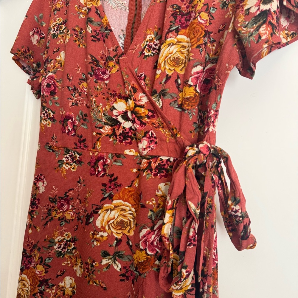 Xhilaration Rust Floral Wrap Mini Dress - Picture 4 of 9